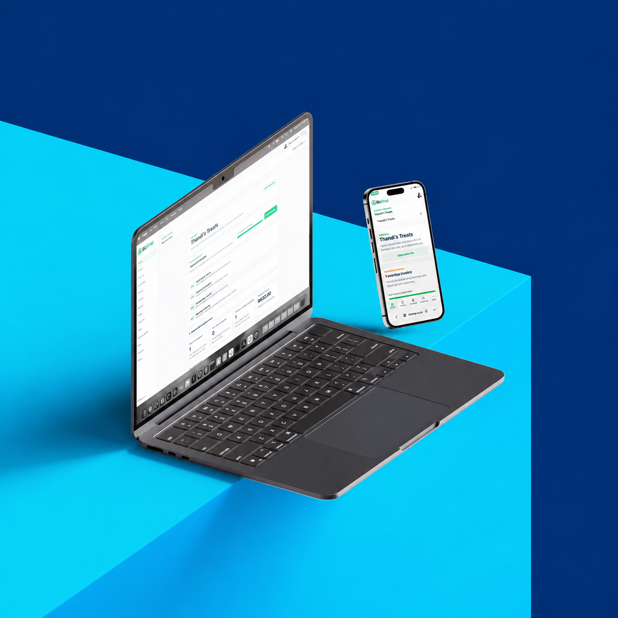 BizShap shown on a MacBook and phone against this1.works blue and cyan