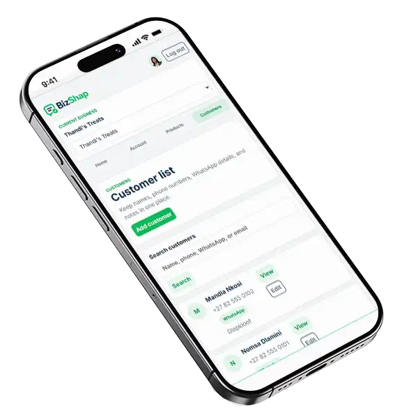 BizShap customer management screen shown on a phone